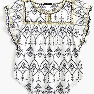 J. Crew Embroidered Eyelet Flutter Top Blouse Shirt White Black Gold Small